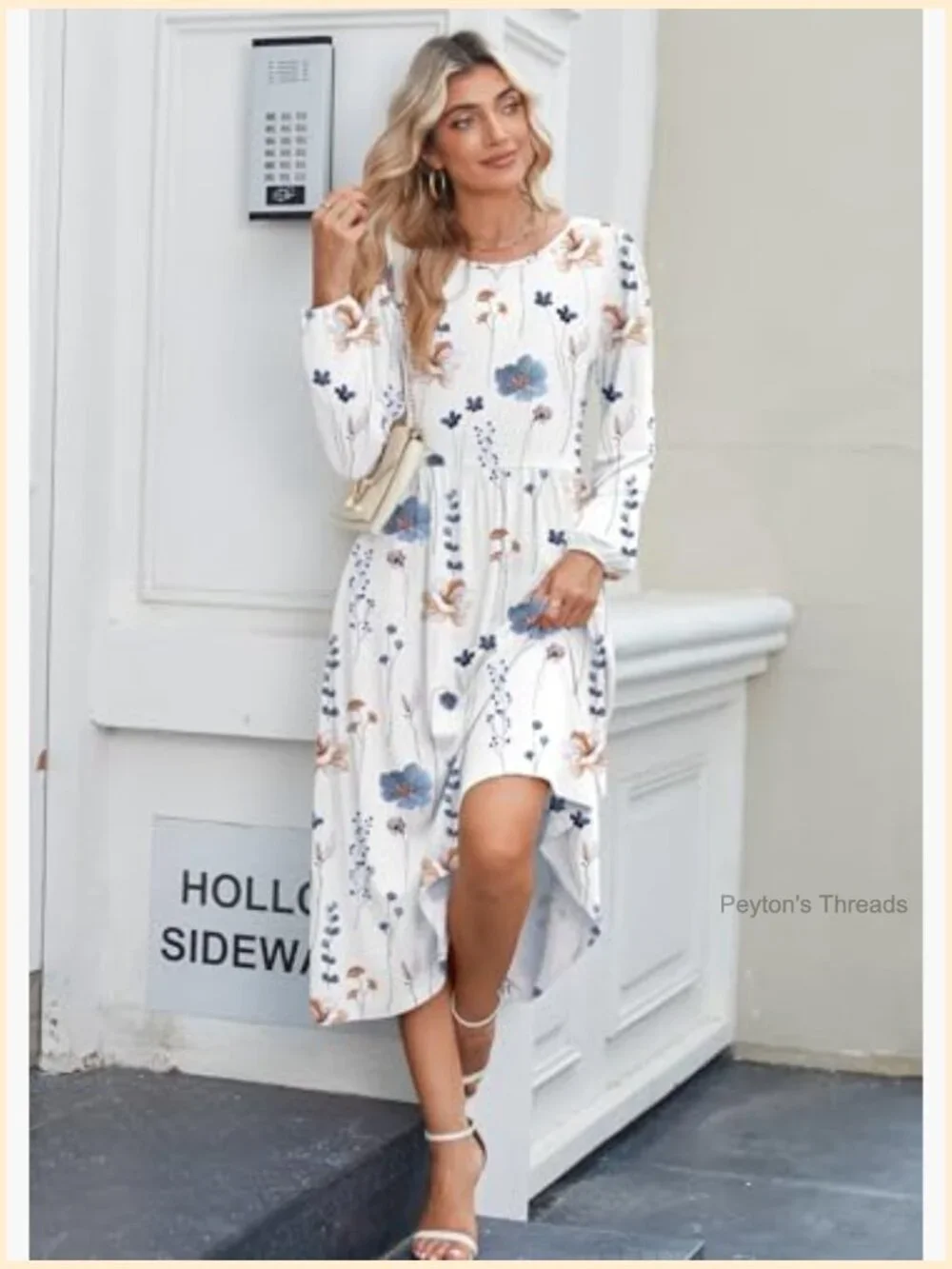 Long Sleeve Flowy A-Line Midi Dress with Pockets - Picture 4 of 7